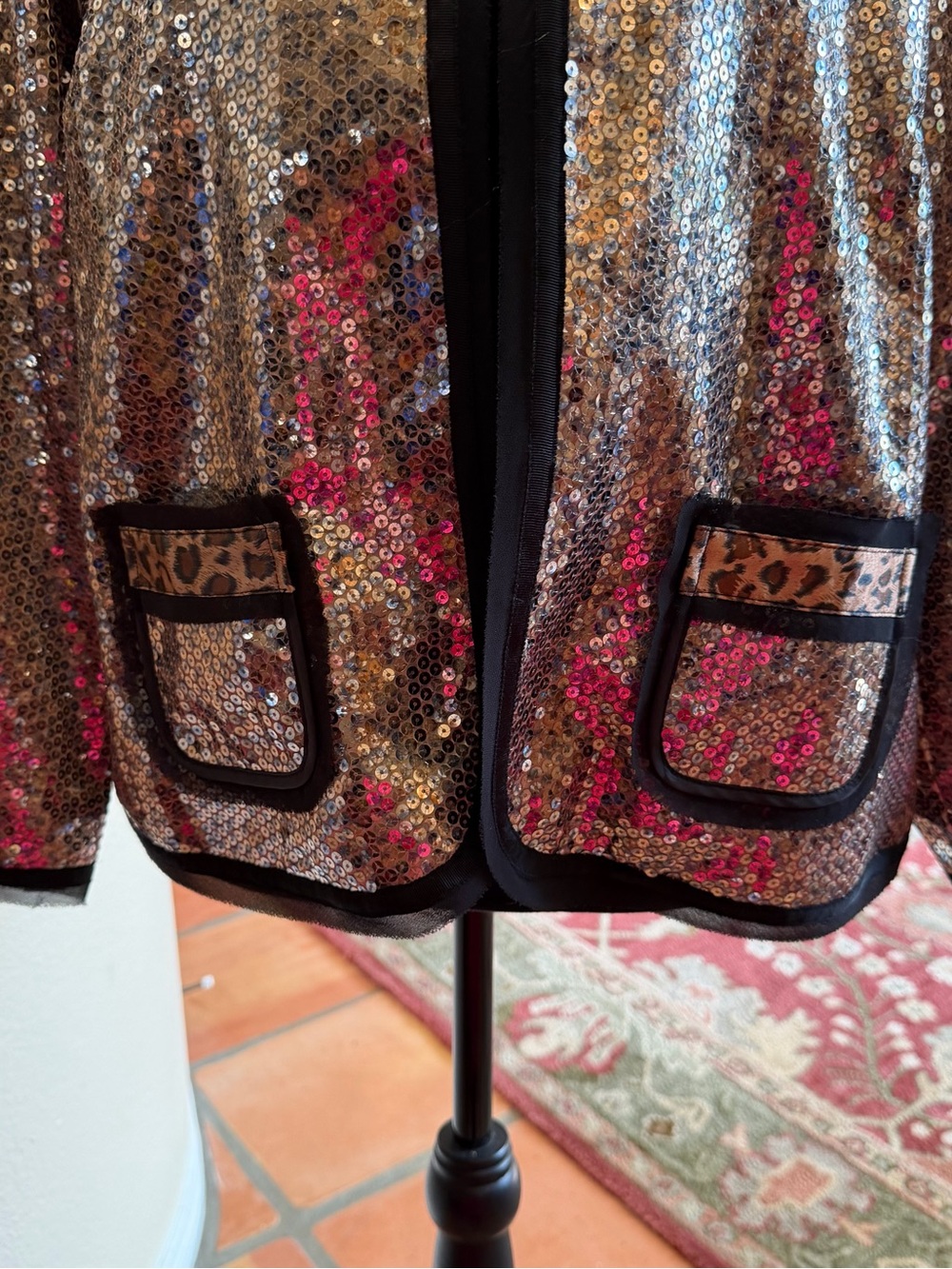Chicos Jacket Women Large Shyanne Sequin Cheetah Holiday Shiny Black Gold Sz 2 - Picture 2 of 9